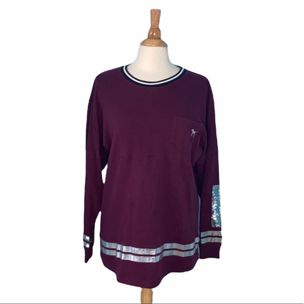 Maroon Sequins Silver VS PINK Crew Neck T31